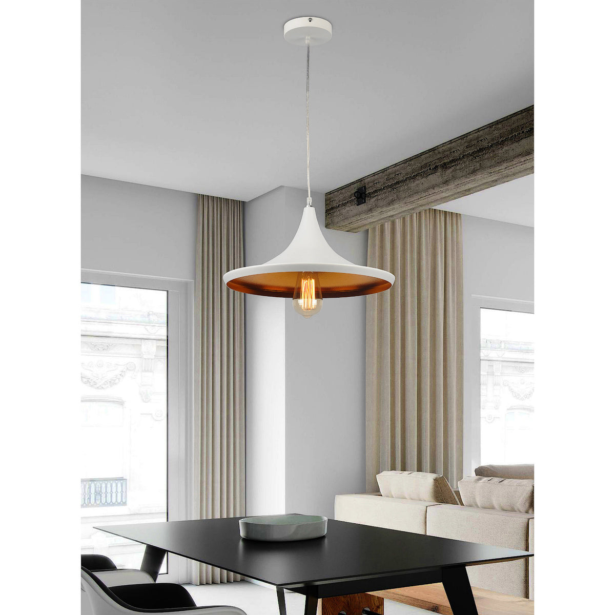 Lámpara de techo colgante blanco con interior dorado | Estilo curvo