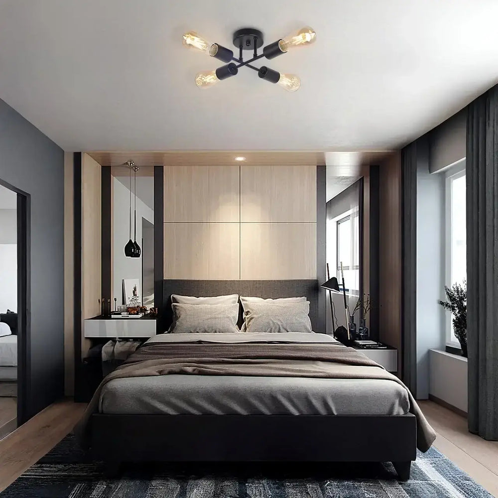 Plafón de techo moderno en hierro negro 4 bombillas E27