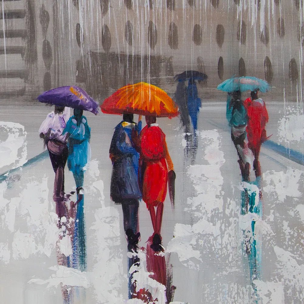 Pintura figurativa | Paseo bajo la lluvia con personas pintadas - DekoArte