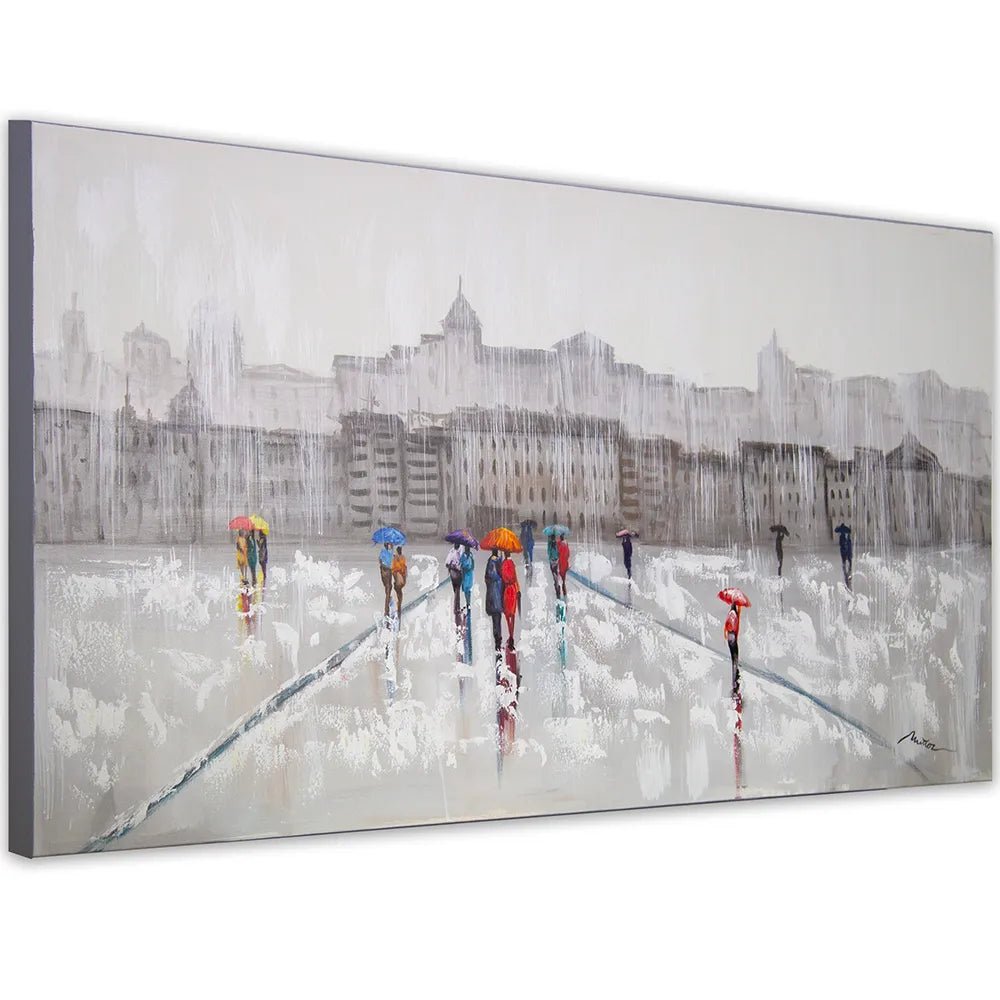 Pintura figurativa | Paseo bajo la lluvia con personas pintadas - DekoArte