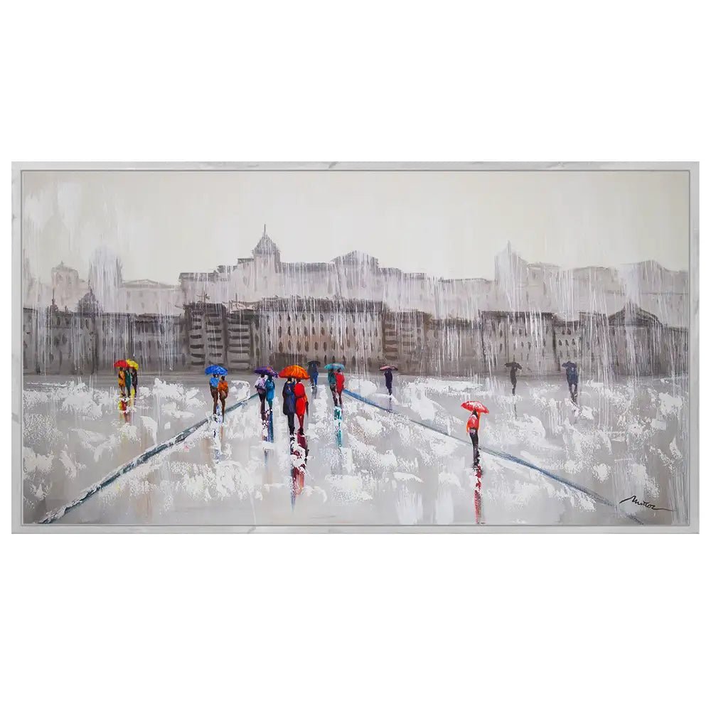 Pintura figurativa | Paseo bajo la lluvia con personas pintadas - DekoArte