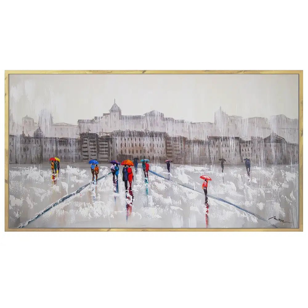 Pintura figurativa | Paseo bajo la lluvia con personas pintadas - DekoArte