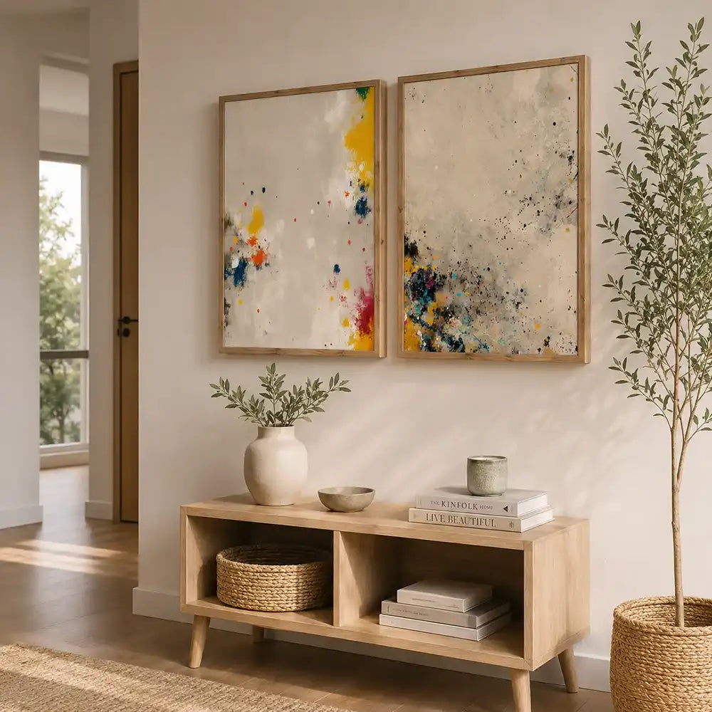 Conjunto decorativo en crema con acentos cromáticos
