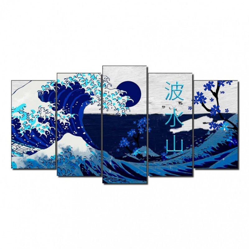 Cuadro en Lienzo Tríptico Adaptación De la Gran Ola de Kanagawa en Azul