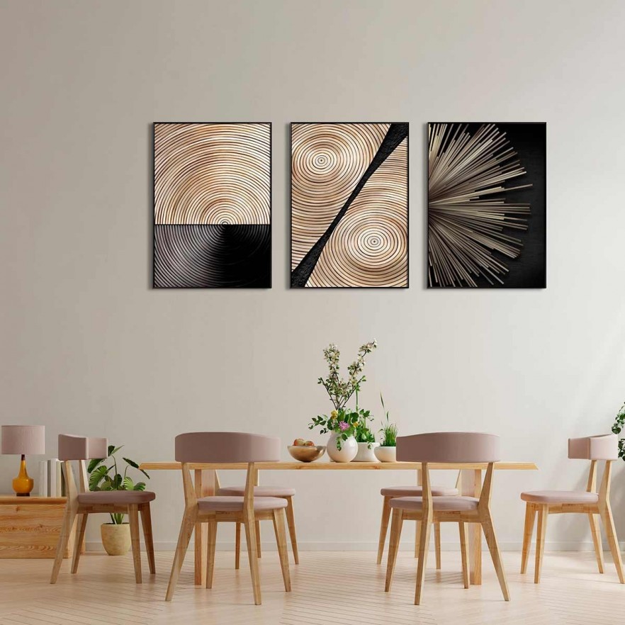 Conjunto de 3 cuadros trípticos abstractos marrón y dorado con marco negro  de madera Forme