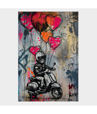 CUADRO BANKSY EL MOTOCICLISTA Y LOS GLOBOS DE CORAZÓN