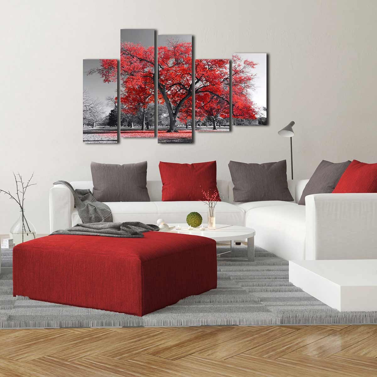 Cuadro Tríptico Árbol Rojo en Blanco y Negro - Decoración Moderna