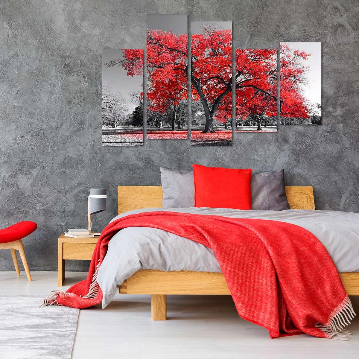 Cuadro Tríptico Árbol Rojo en Blanco y Negro - Decoración Moderna