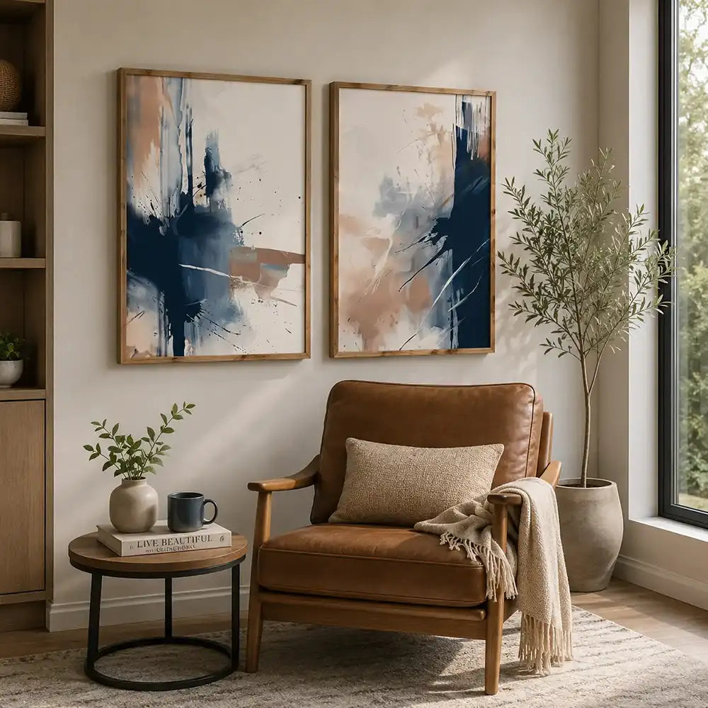 Conjunto decorativo en azul profundo, marfil y arena