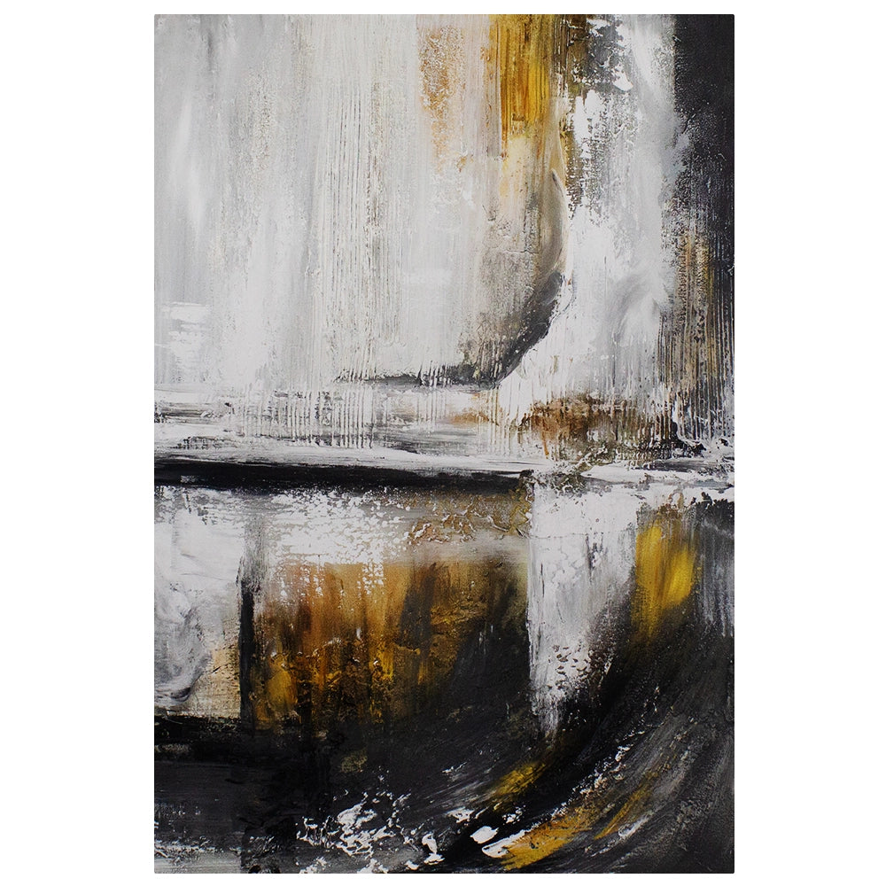 Cuadro abstracto pintado a mano con textura en tonos dorados y gris