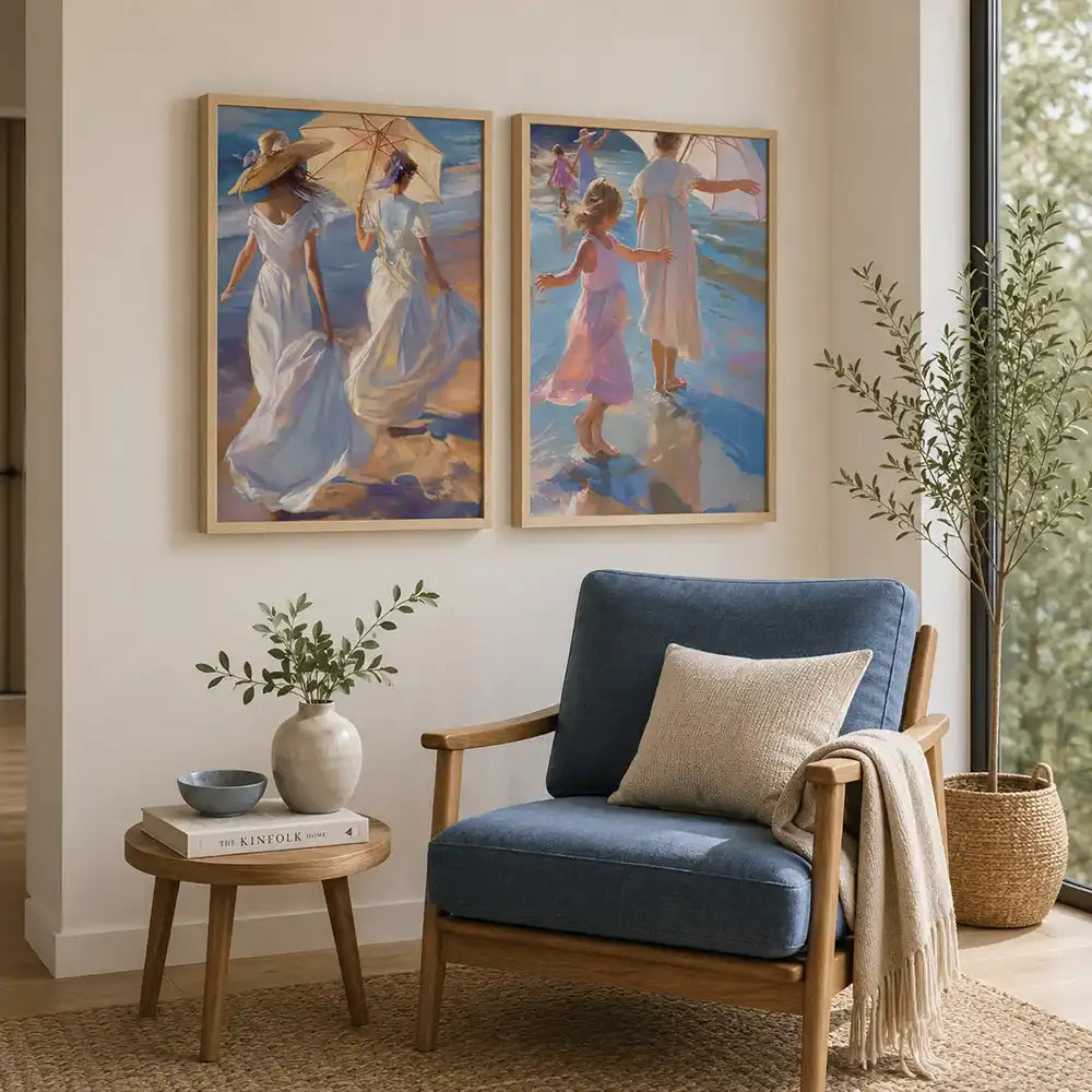 Dúo decorativo de escenas costeras con figuras femeninas