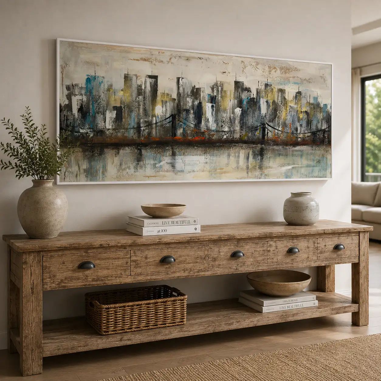 Pintura urbana con skyline y reflejo en agua