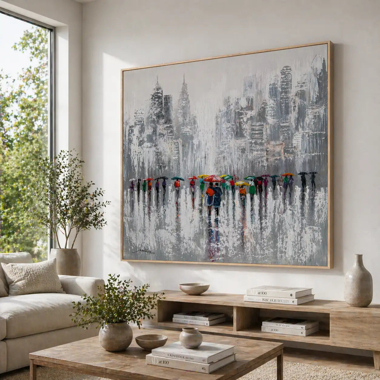Cuadro acrílico moderno pintado a mano con figuras urbanas