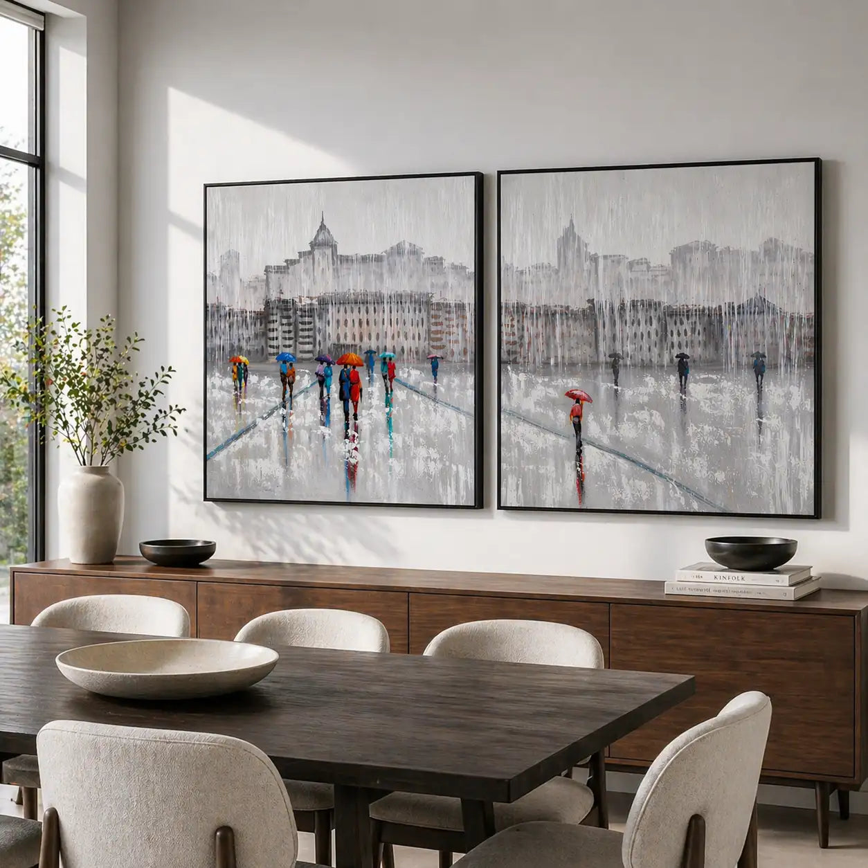 Pintura figurativa | Paseo bajo la lluvia con personas pintadas