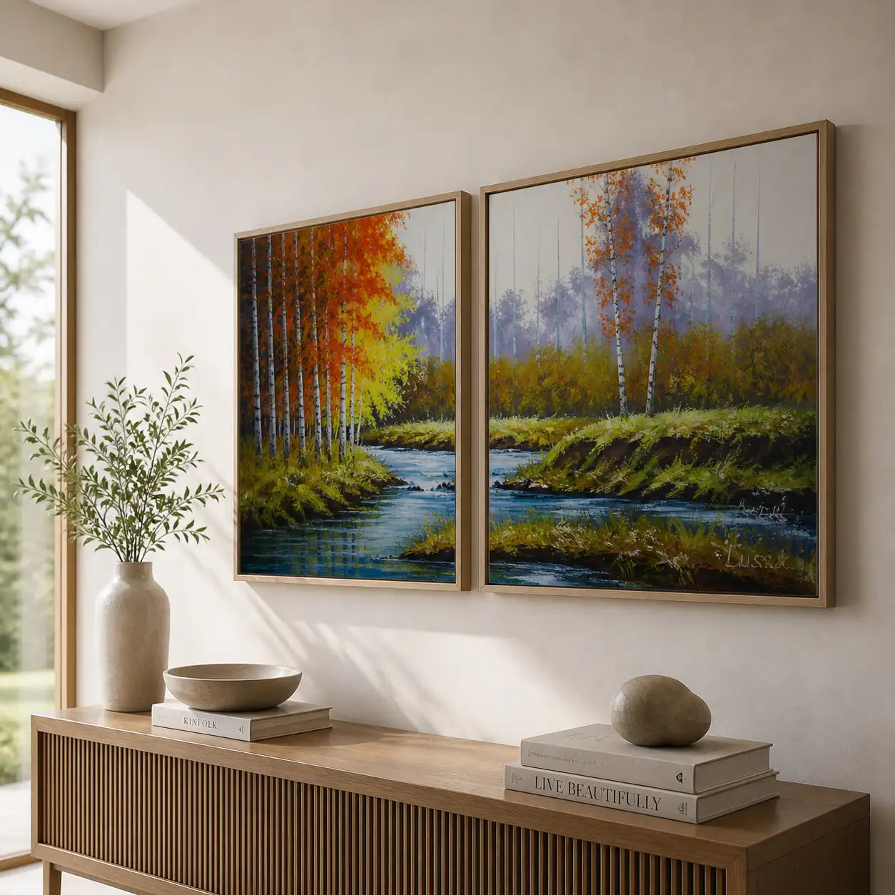 Cuadros de paisajes para salón con tonos otoñales