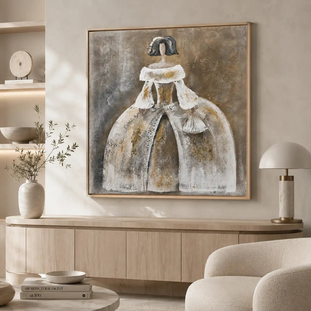Cuadro menina artesanal en tonos beige y dorado