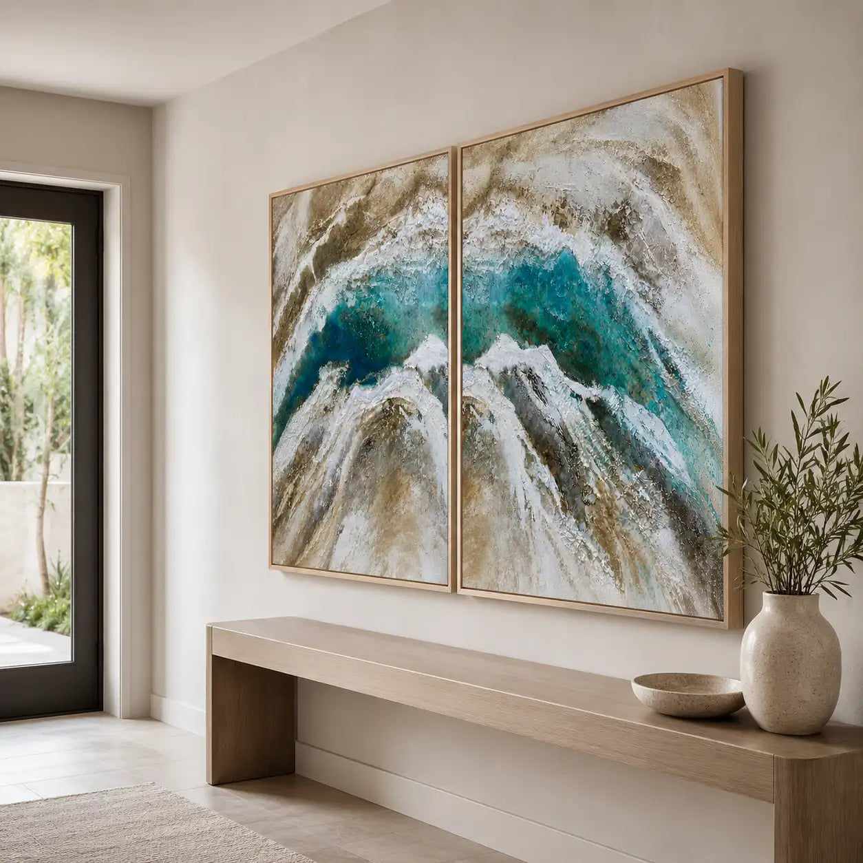 cuadro pintado a mano en tonos beige, arena y azul verdoso para salón