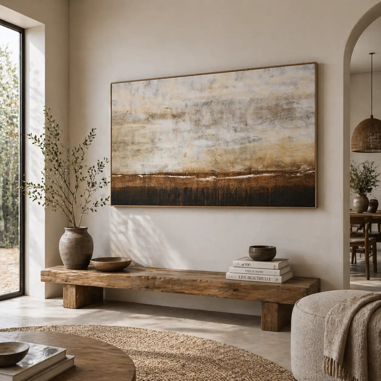 Cuadro de pintura abstracta en tonos tierra y blanco texturizado