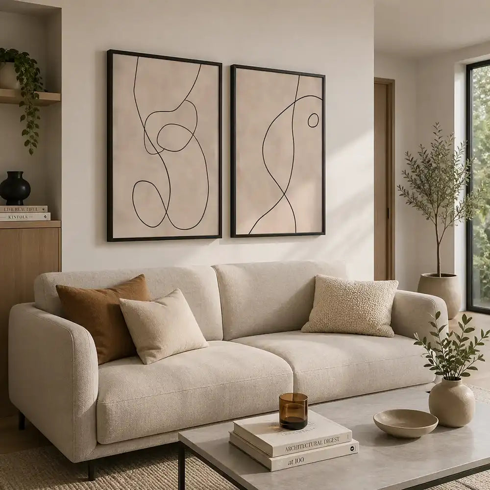 Conjunto decorativo en tonos arena con líneas orgánicas