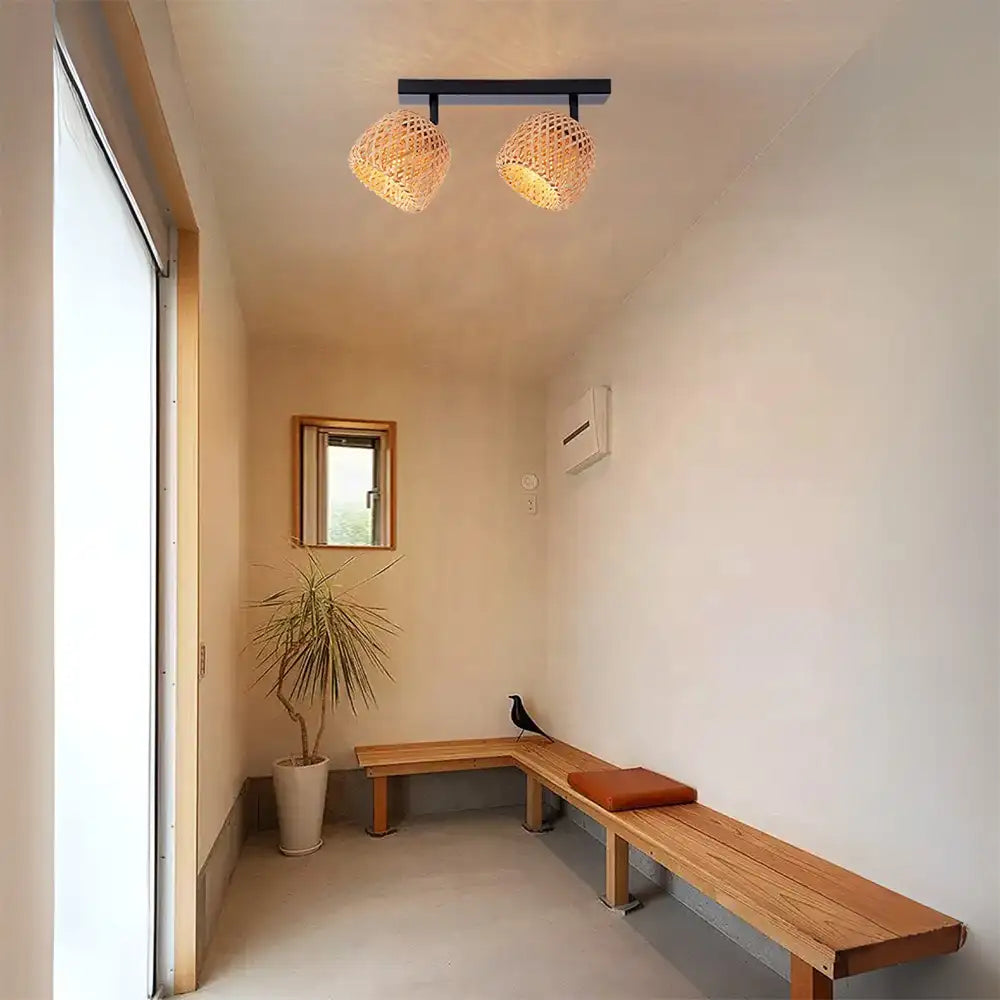 Plafón de techo de rattan natural con dos luces E27