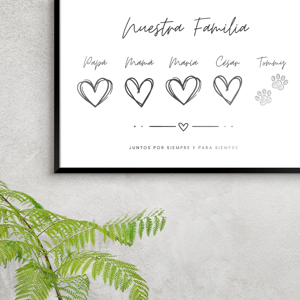 Cuadro de familia personalizado con nombres y mascota