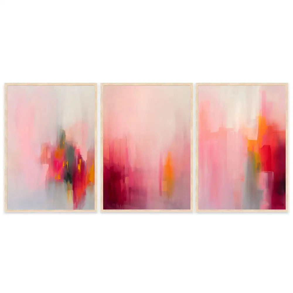 Set de 3 cuadros de arte contemporáneo en rojo, coral y amarillo