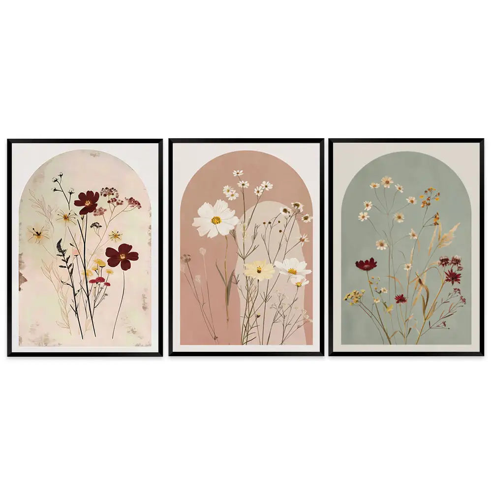 Set de 3 cuadros de herbario en tonos naturales