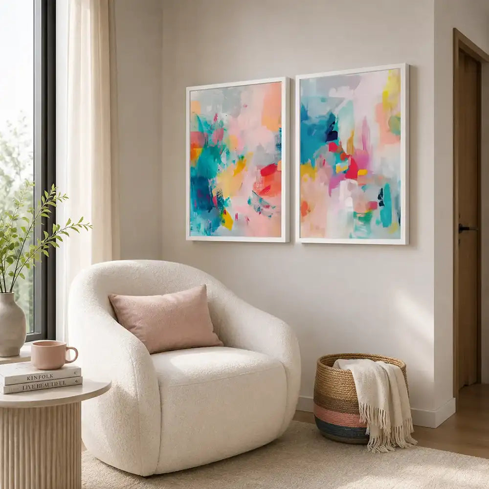 Conjunto mural en tonos pastel y turquesa