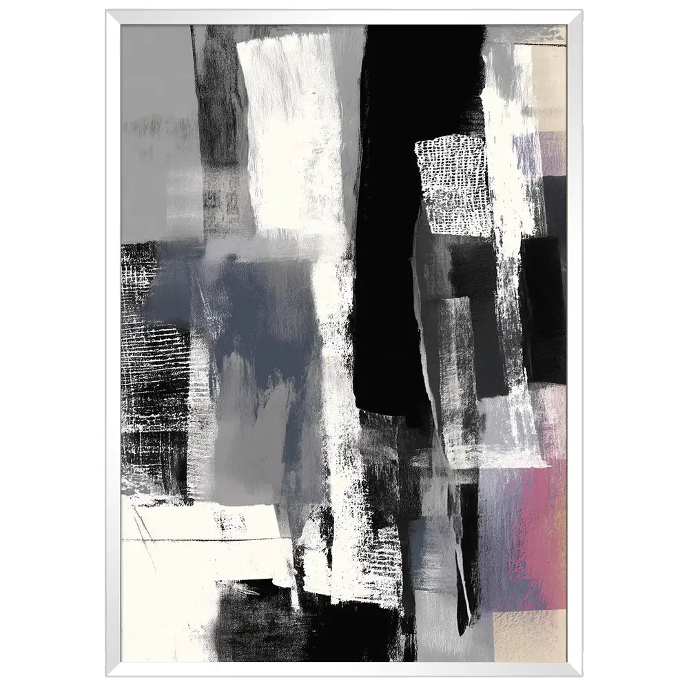 Cuadro abstracto con superposiciones en blanco, negro y gris