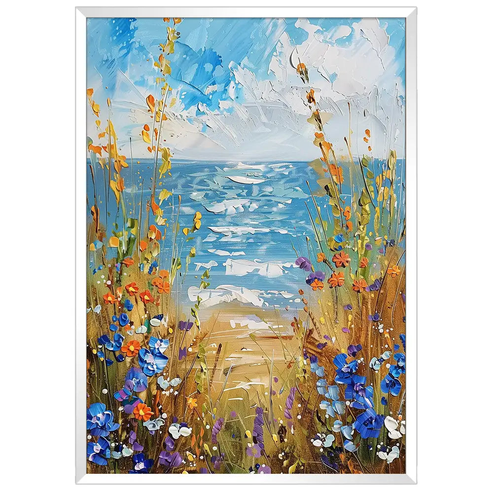 Cuadro floral con vista al mar y colores vivos