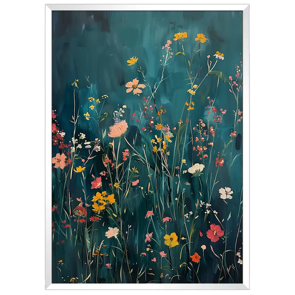 Cuadro de flores silvestres sobre fondo azul petróleo