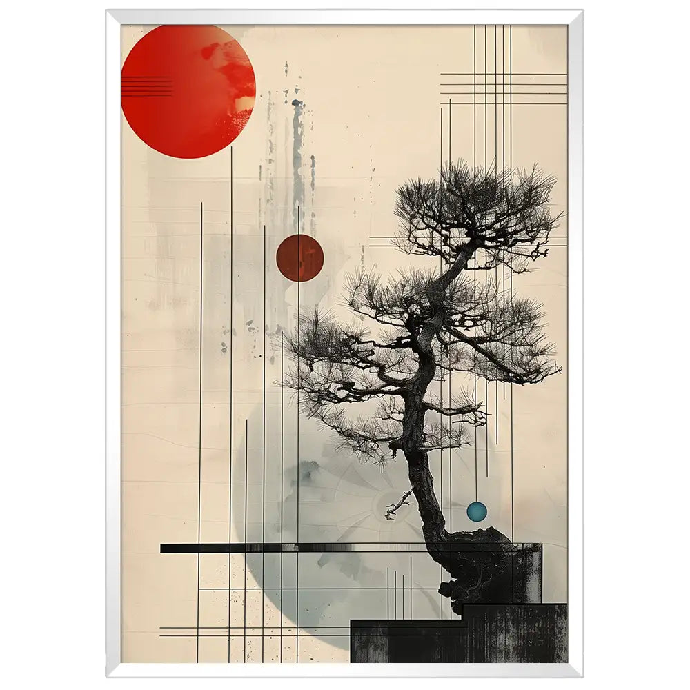 Cuadro Japandi con bonsái y círculos flotantes | Arte contemplativo