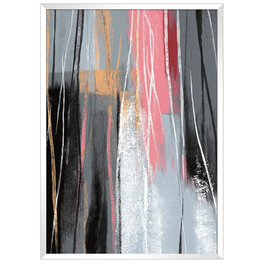 Cuadro abstracto moderno con líneas verticales en rosa y gris