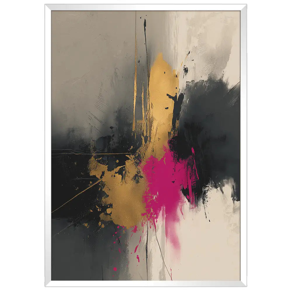 Cuadro abstracto con impacto en dorado y magenta