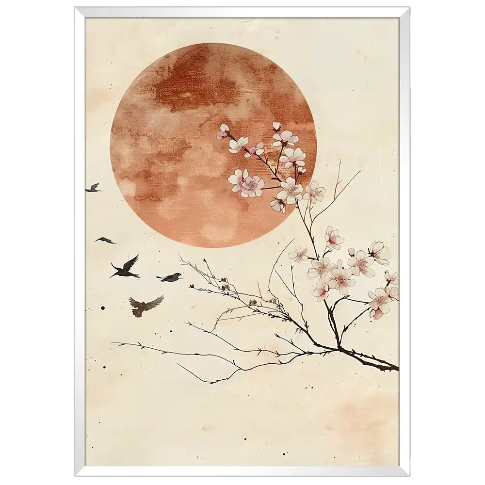 Cuadro Japandi con flor de cerezo y luna en tonos terracota