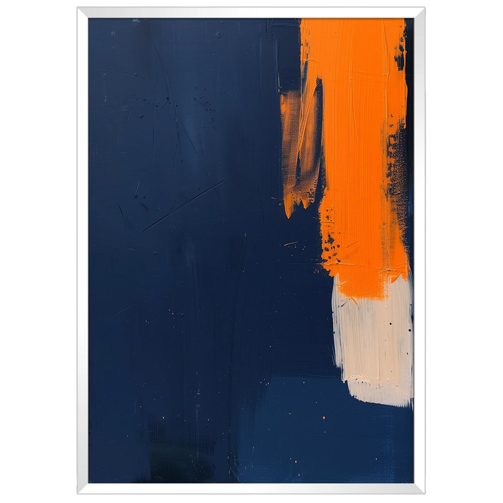 Cuadro abstracto azul con gesto vertical y contraste cromático