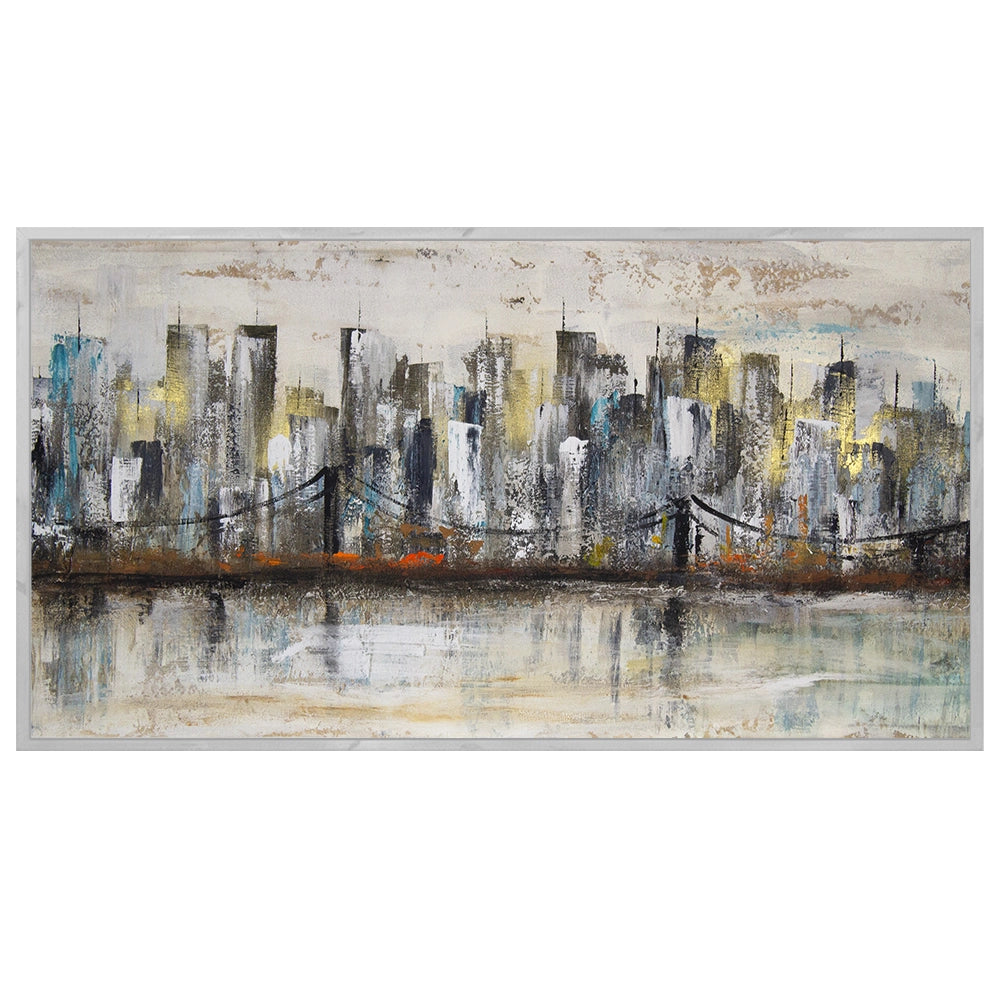 Pintura urbana con skyline y reflejo en agua