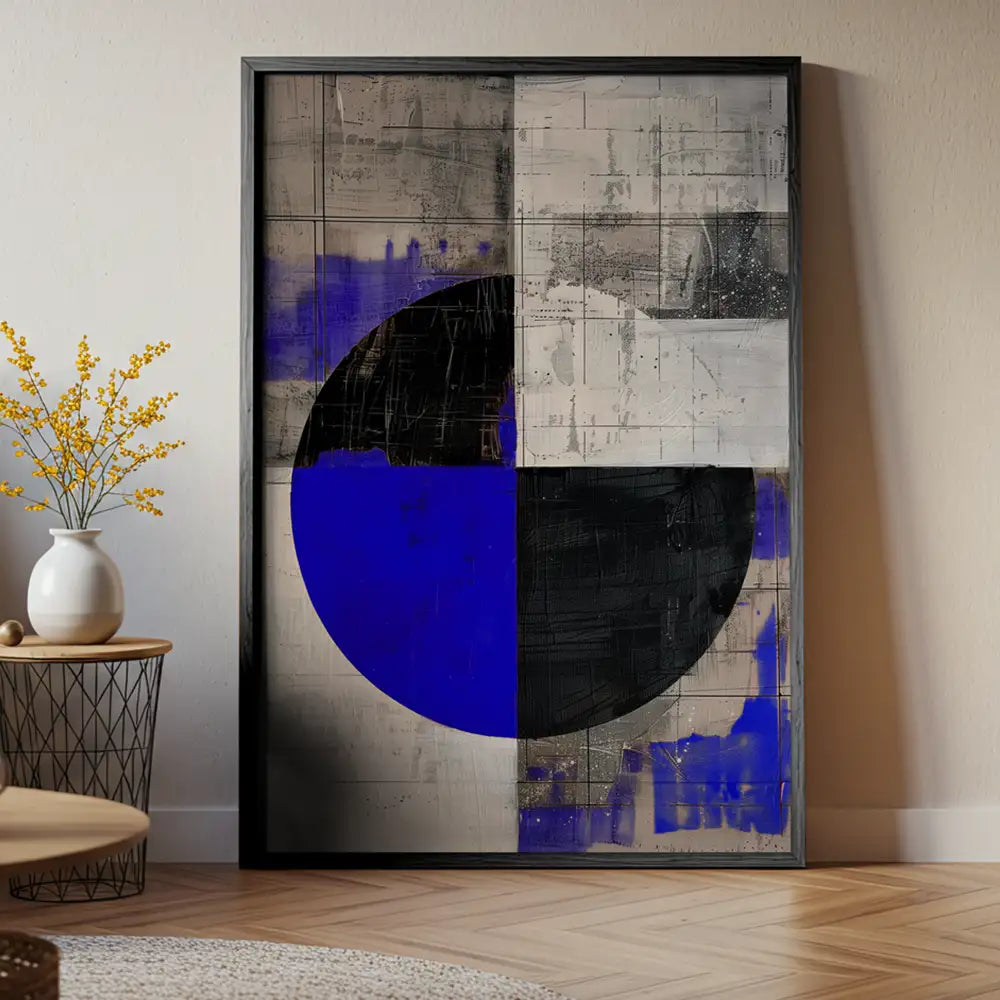 Cuadro abstracto con azul eléctrico y geometría contenida