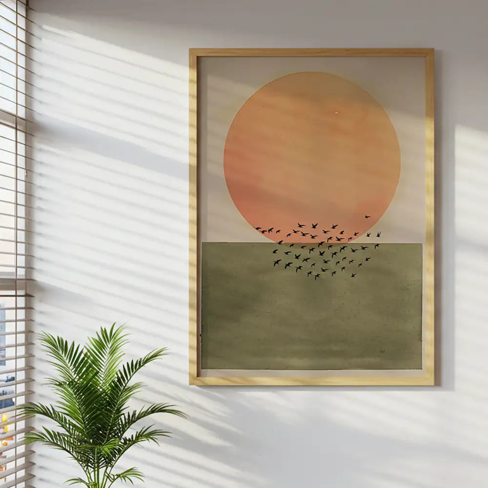 Cuadro Japandi con sol bajo y aves en vuelo