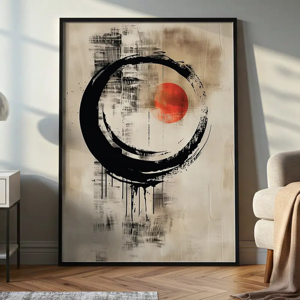 Cuadro Japandi con círculo zen y sol rojo | Decoración moderna
