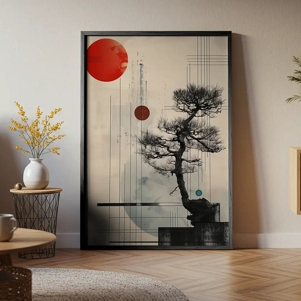 Cuadro Japandi con bonsái y círculos flotantes | Arte contemplativo
