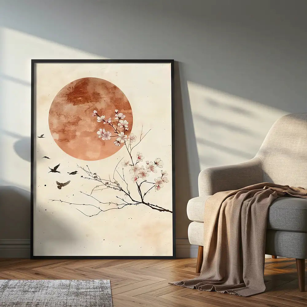 Cuadro Japandi con flor de cerezo y luna en tonos terracota