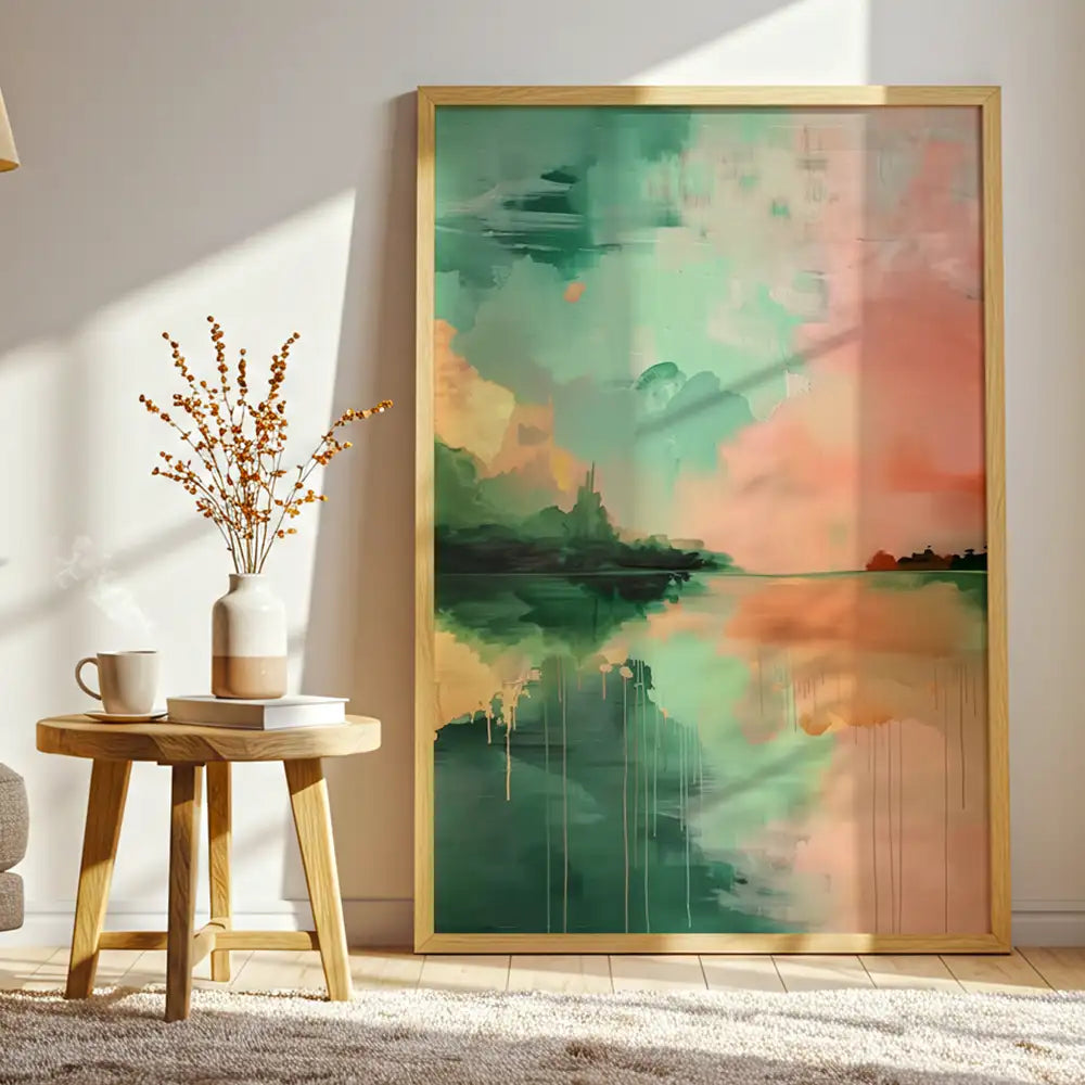 Cuadro abstracto con paisajes difusos en tonos cálidos