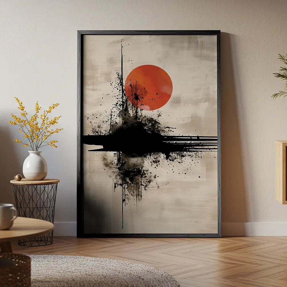 Cuadro Japandi de sol rojo y trazo negro | Estilo moderno