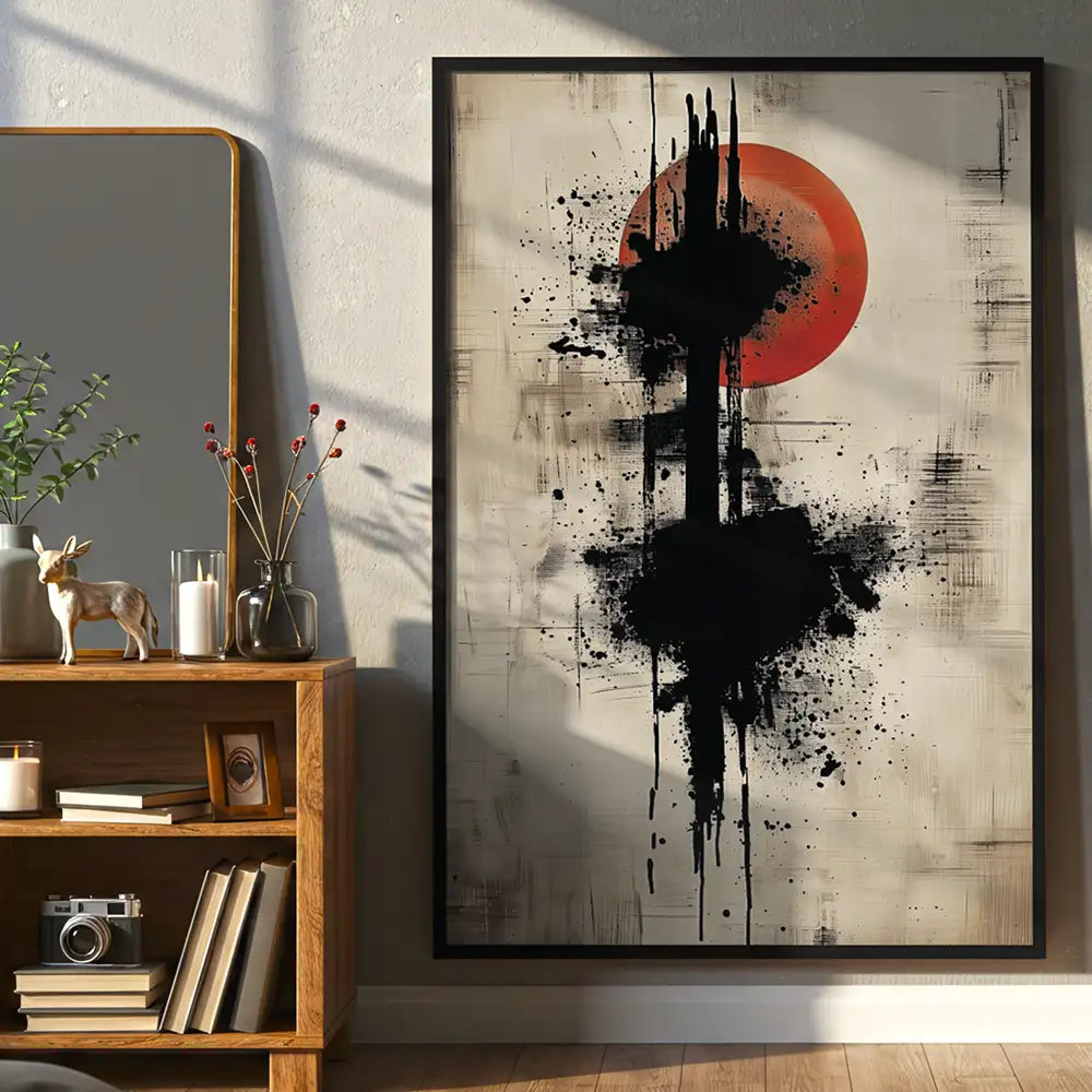 Cuadro Japandi con trazo vertical y sol rojo | Fuerza visual