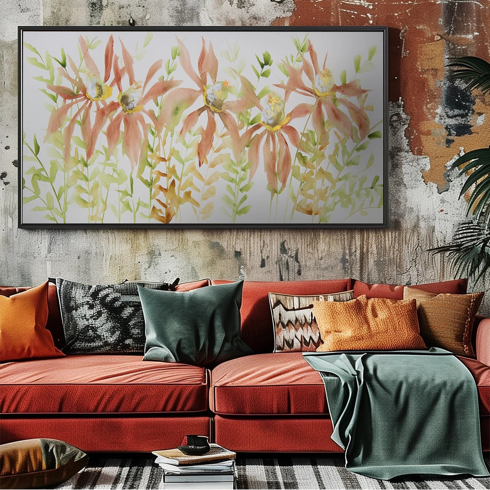 Cuadro botánico pintado a mano con flores coral