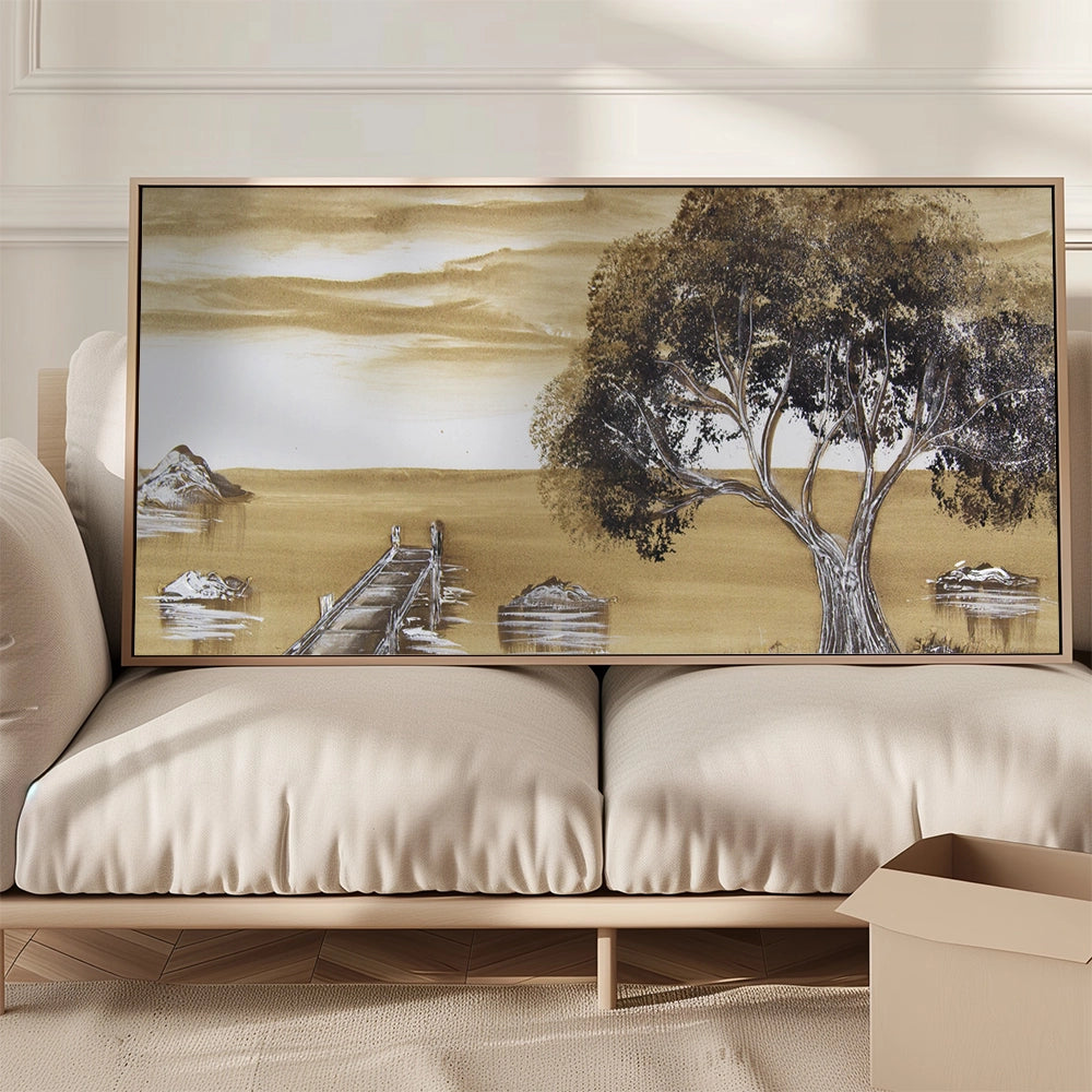 Cuadro de paisaje rural en tonos sepia pintado a mano