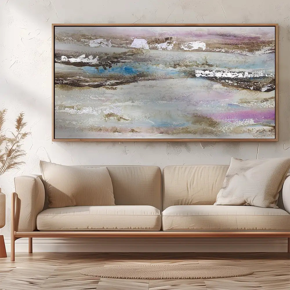 Pintura abstracta acrílica en tonos malva y plata