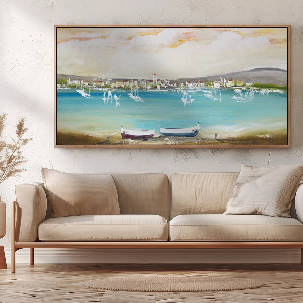 Cuadro mediterráneo moderno azul turquesa con barcos