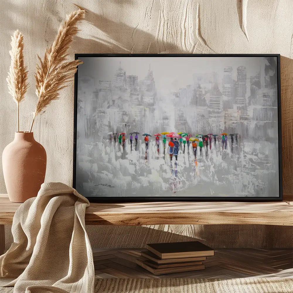Cuadro acrílico moderno pintado a mano con figuras urbanas